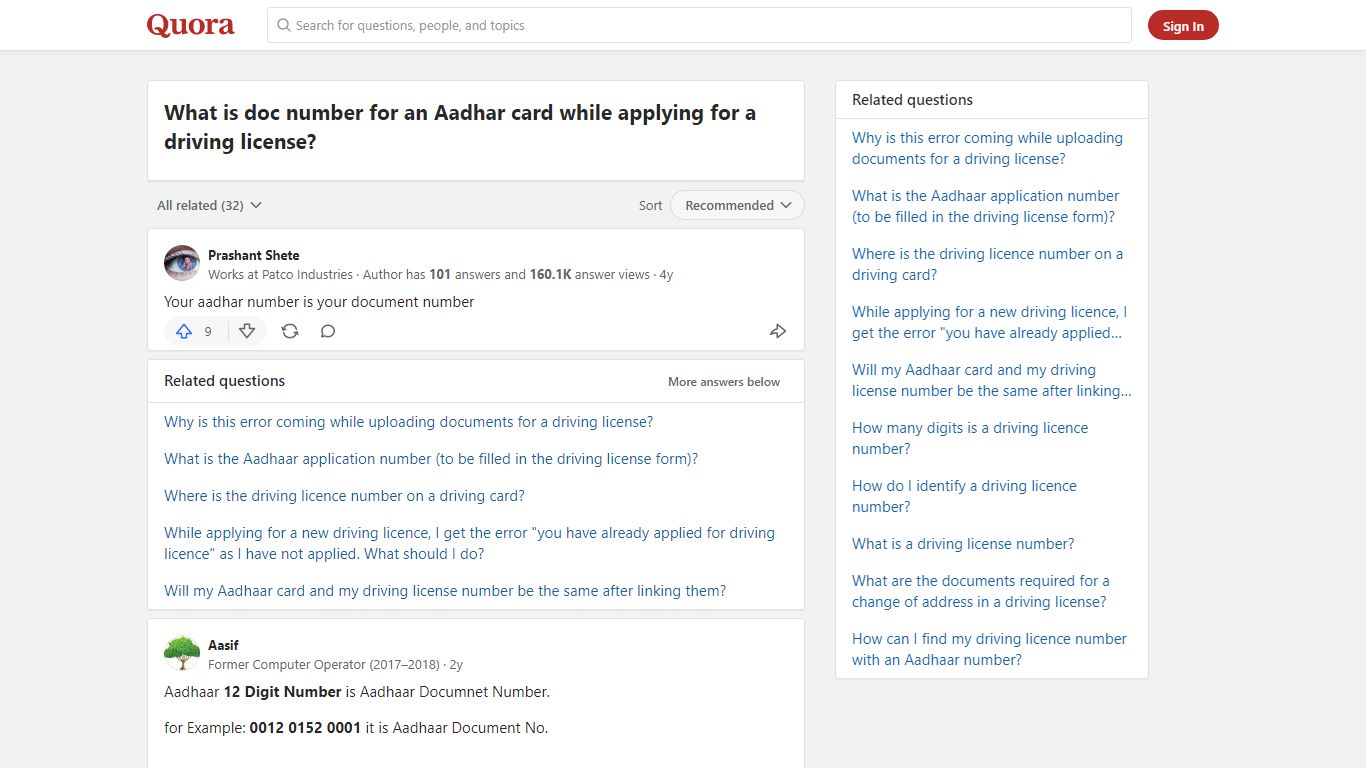 What is doc number for an Aadhar card while applying for a driving ...